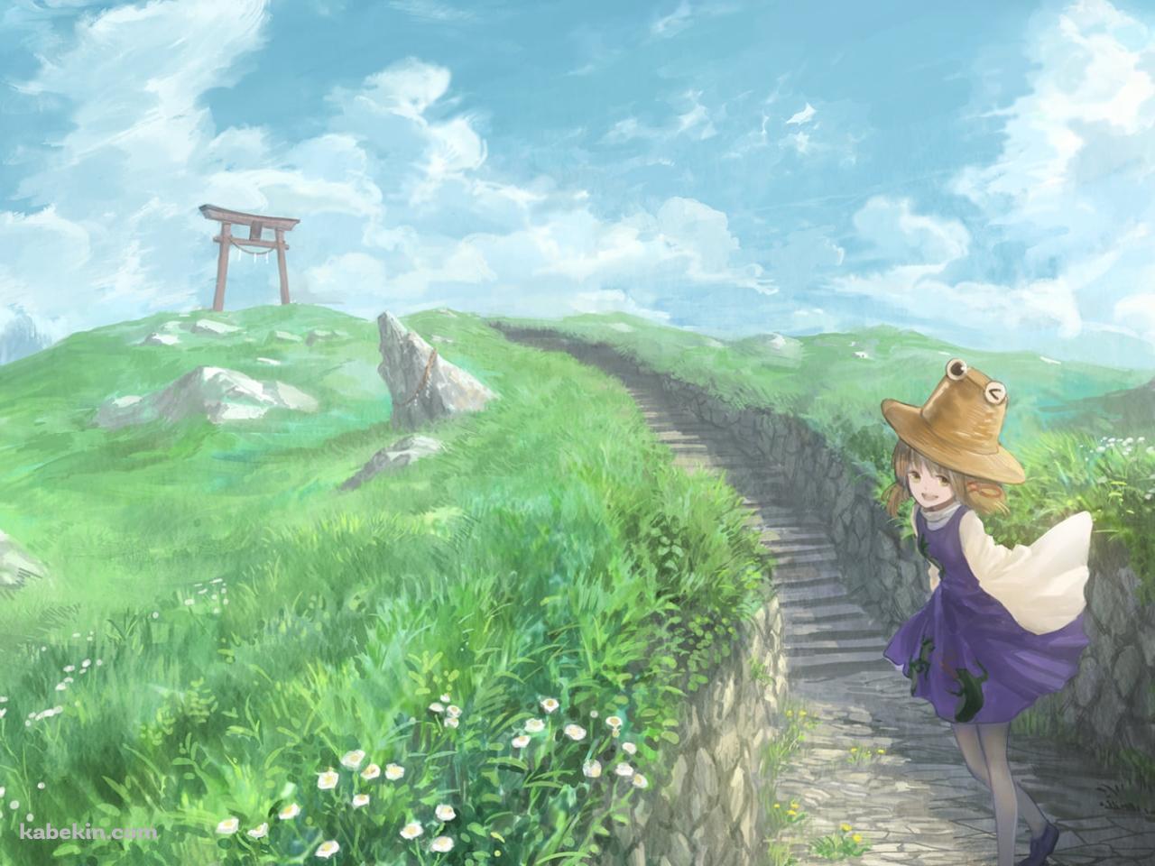 丘の上にある鳥居と洩矢諏訪子 (もりやすわこ) / 東方の壁紙(1280px x 960px) 高画質 PC・デスクトップ用