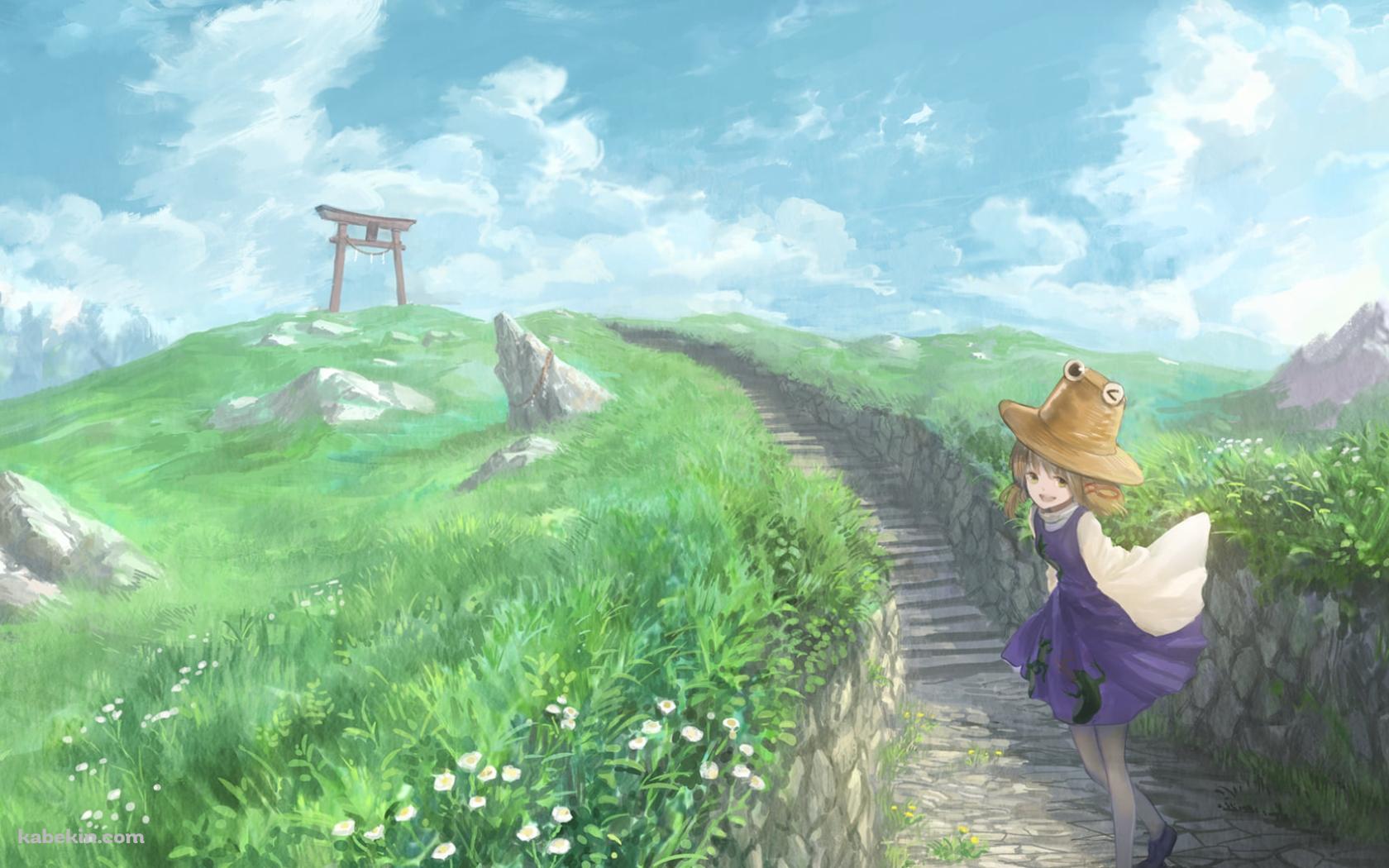 丘の上にある鳥居と洩矢諏訪子 (もりやすわこ) / 東方の壁紙(1680px x 1050px) 高画質 PC・デスクトップ用