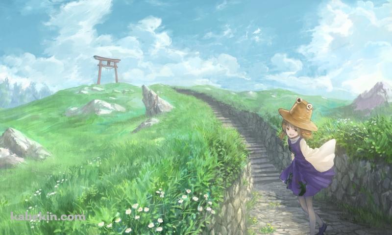 丘の上にある鳥居と洩矢諏訪子 (もりやすわこ) / 東方の壁紙(800px x 480px) 高画質 PC・デスクトップ用
