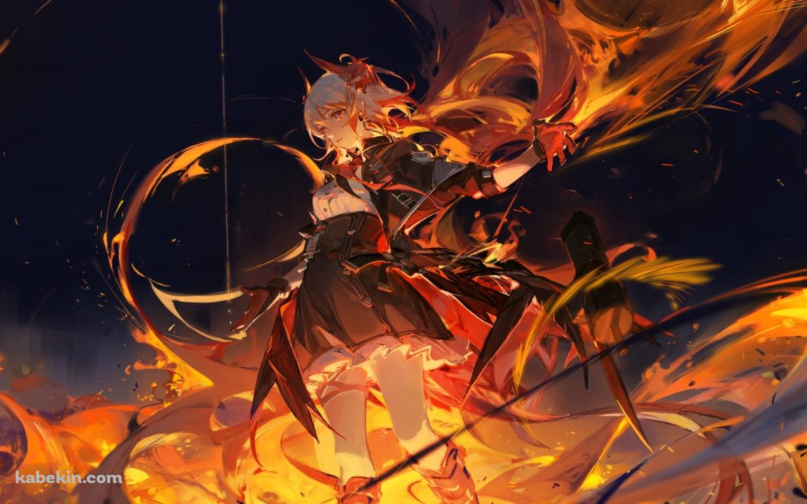 炎舞う中で左手を挙げて佇むフラメッタ / アークナイツの壁紙(1152px x 720px) 高画質 PC・デスクトップ用