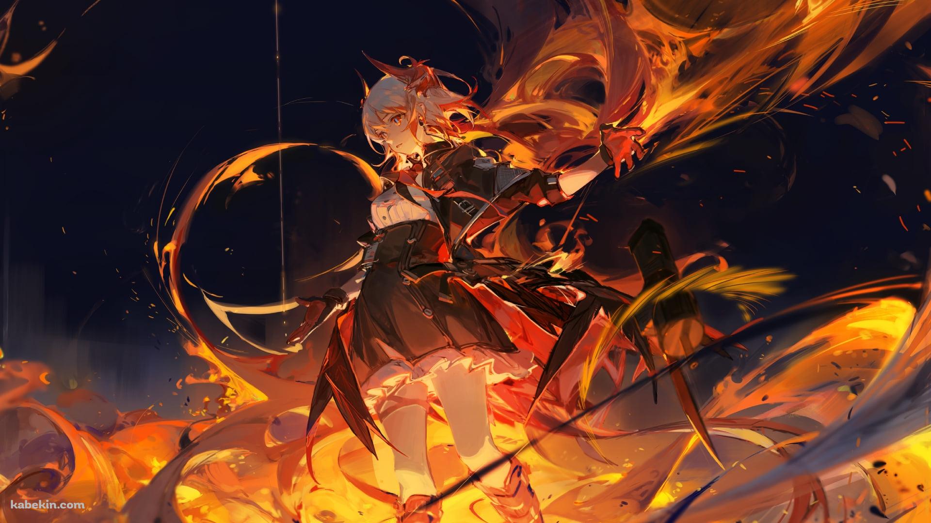 炎舞う中で左手を挙げて佇むフラメッタ / アークナイツの壁紙(1920px x 1080px) 高画質 PC・デスクトップ用