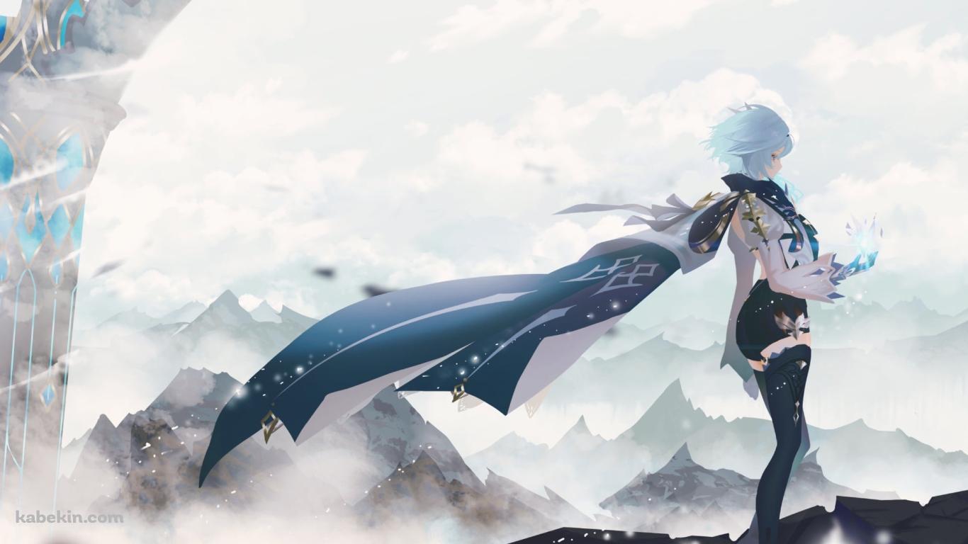 霧に包まれた山々とエウルア・ローレンス / 原神の壁紙(1366px x 768px) 高画質 PC・デスクトップ用