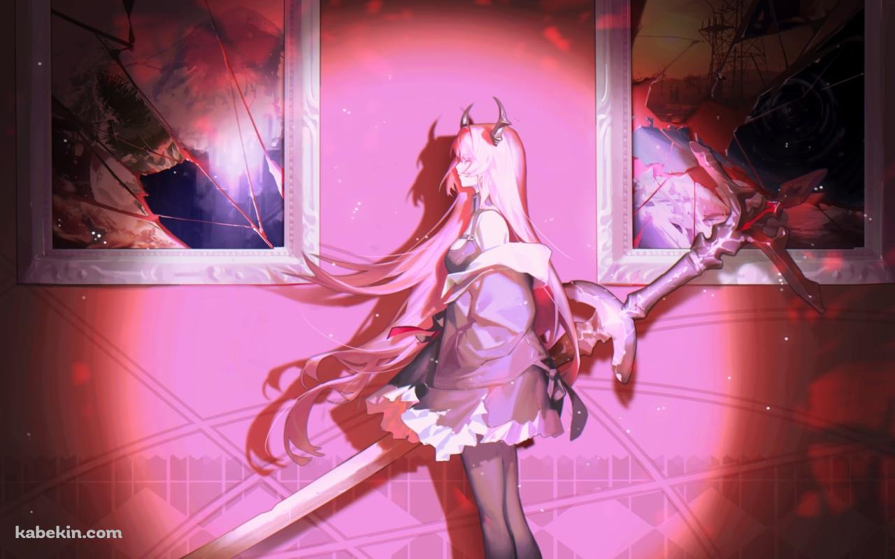 ピンク色にライティングされた部屋で佇むスルト / アークナイツの壁紙(1280px x 800px) 高画質 PC・デスクトップ用