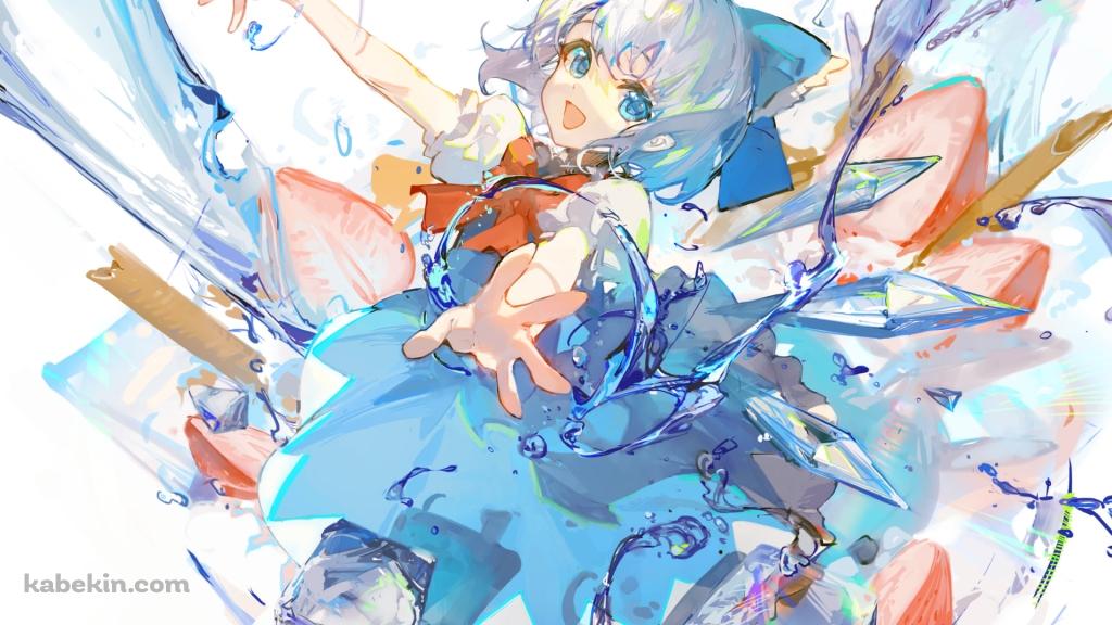 両手を広げて笑顔の可愛いチルノ / 水彩 / 東方の壁紙(1024px x 576px) 高画質 PC・デスクトップ用