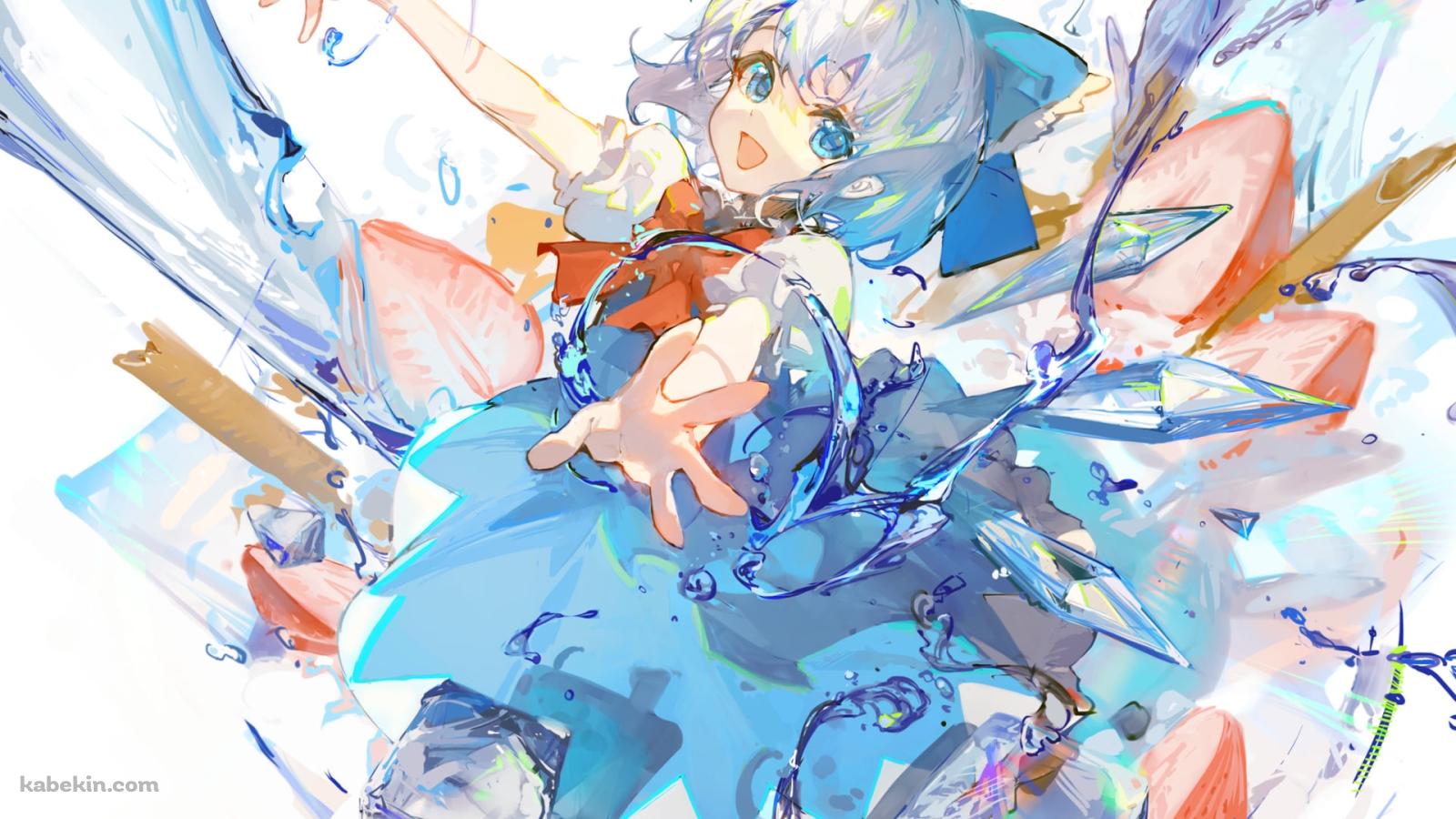 両手を広げて笑顔の可愛いチルノ / 水彩 / 東方の壁紙(1600px x 900px) 高画質 PC・デスクトップ用