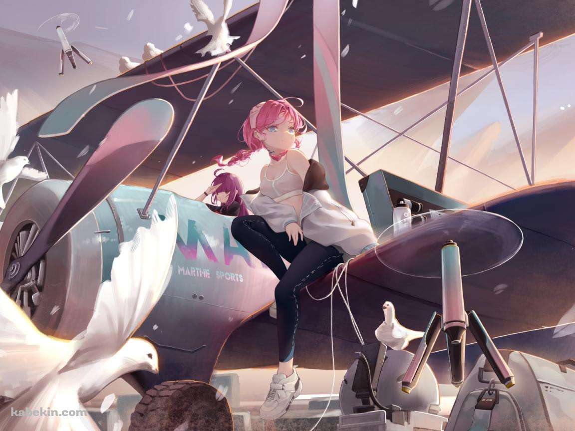 プロペラの飛行機の翼に座るアズリウス / アークナイツの壁紙(1152px x 864px) 高画質 PC・デスクトップ用