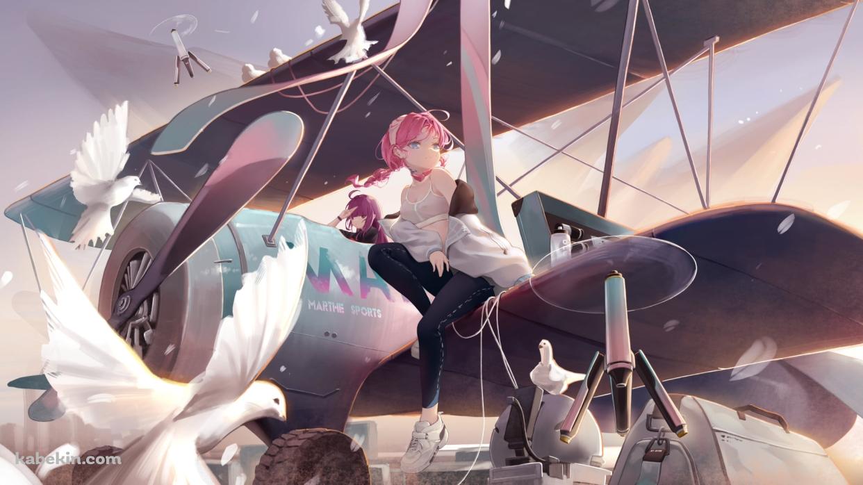 プロペラの飛行機の翼に座るアズリウス / アークナイツの壁紙(1242px x 698px) 高画質 PC・デスクトップ用