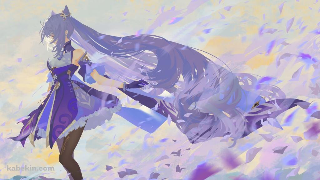 風に舞う青い花弁と刻晴 / 原神の壁紙(1024px x 576px) 高画質 PC・デスクトップ用