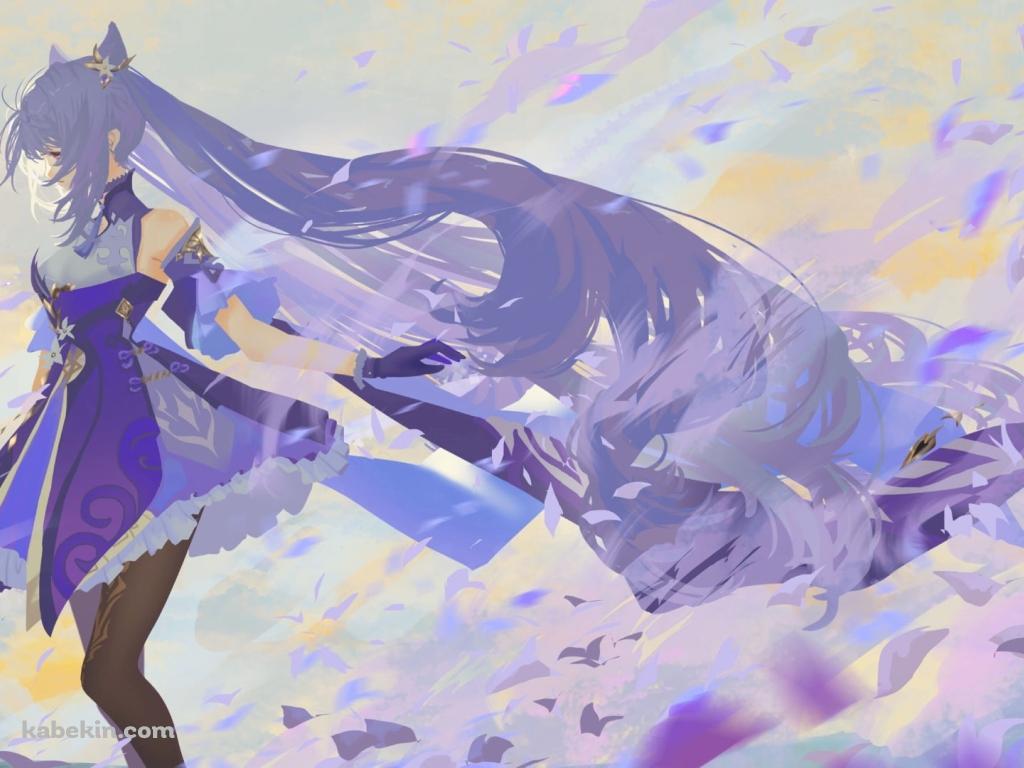 風に舞う青い花弁と刻晴 / 原神の壁紙(1024px x 768px) 高画質 PC・デスクトップ用