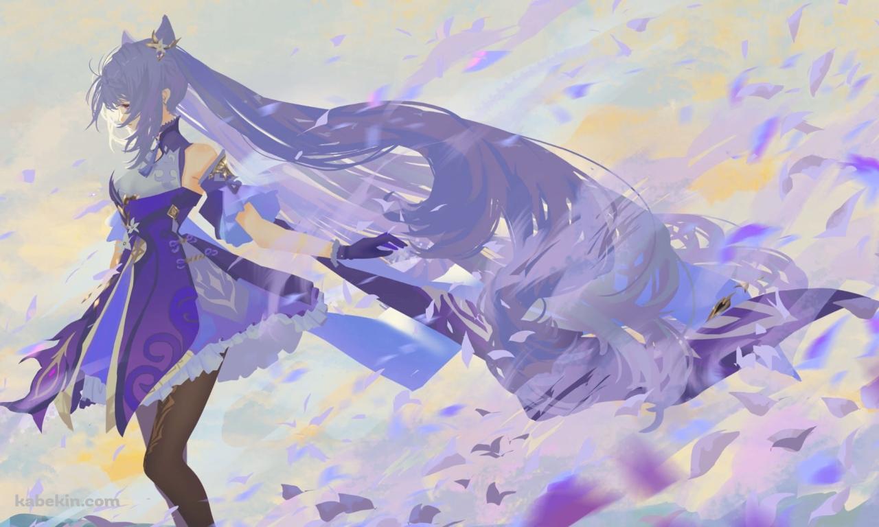 風に舞う青い花弁と刻晴 / 原神の壁紙(1280px x 768px) 高画質 PC・デスクトップ用