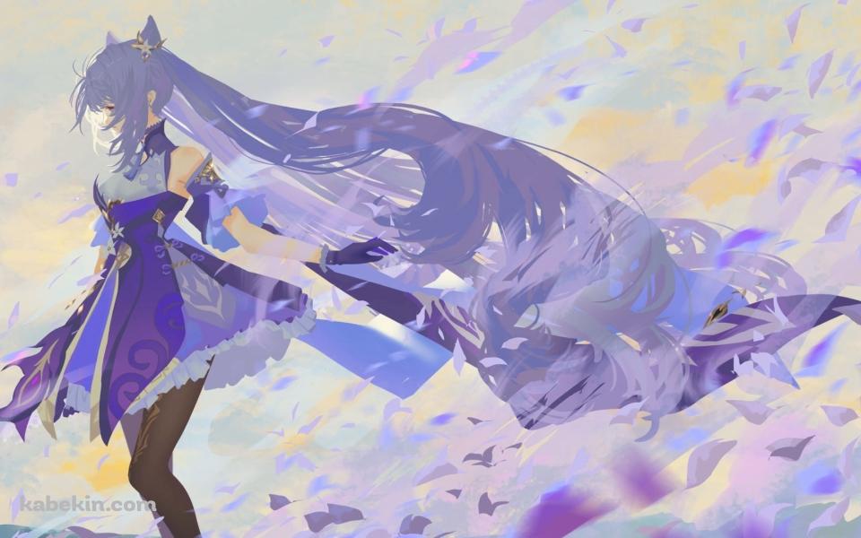 風に舞う青い花弁と刻晴 / 原神の壁紙(960px x 600px) 高画質 PC・デスクトップ用