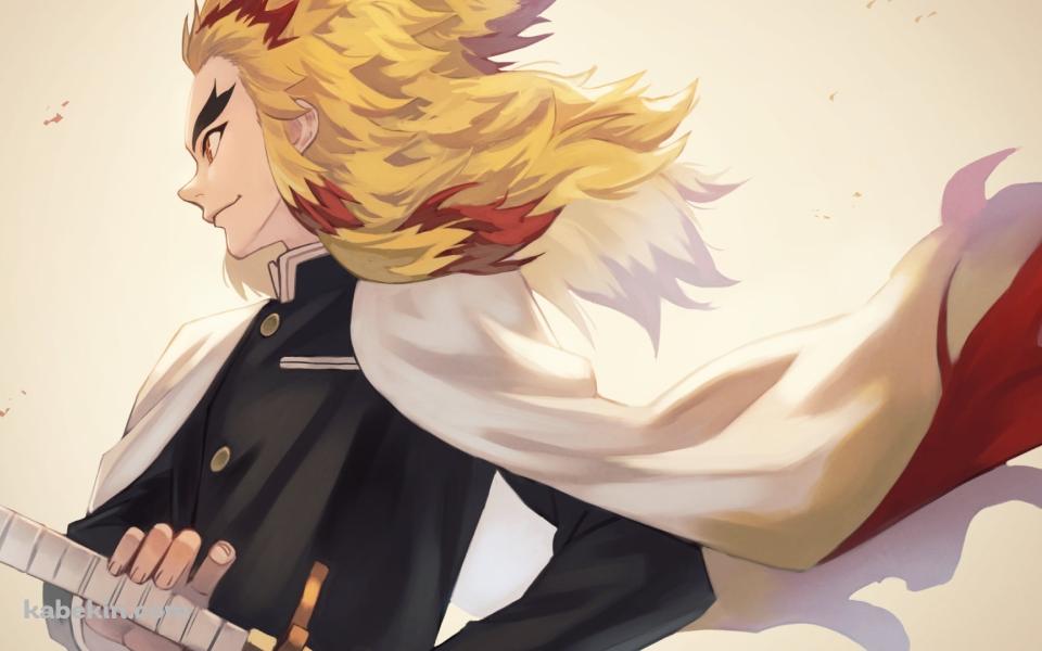 斜め下から見上げた刀に手をかけるかっこいい煉獄杏寿郎 / 鬼滅の刃の壁紙(960px x 600px) 高画質 PC・デスクトップ用