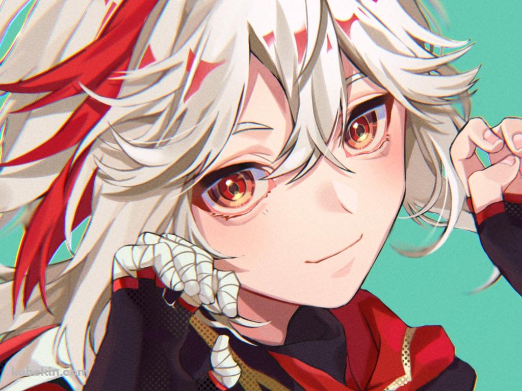 ガオーポーズをして微笑む楓原万葉 / 赤い瞳 / 原神の壁紙(1024px x 768px) 高画質 PC・デスクトップ用