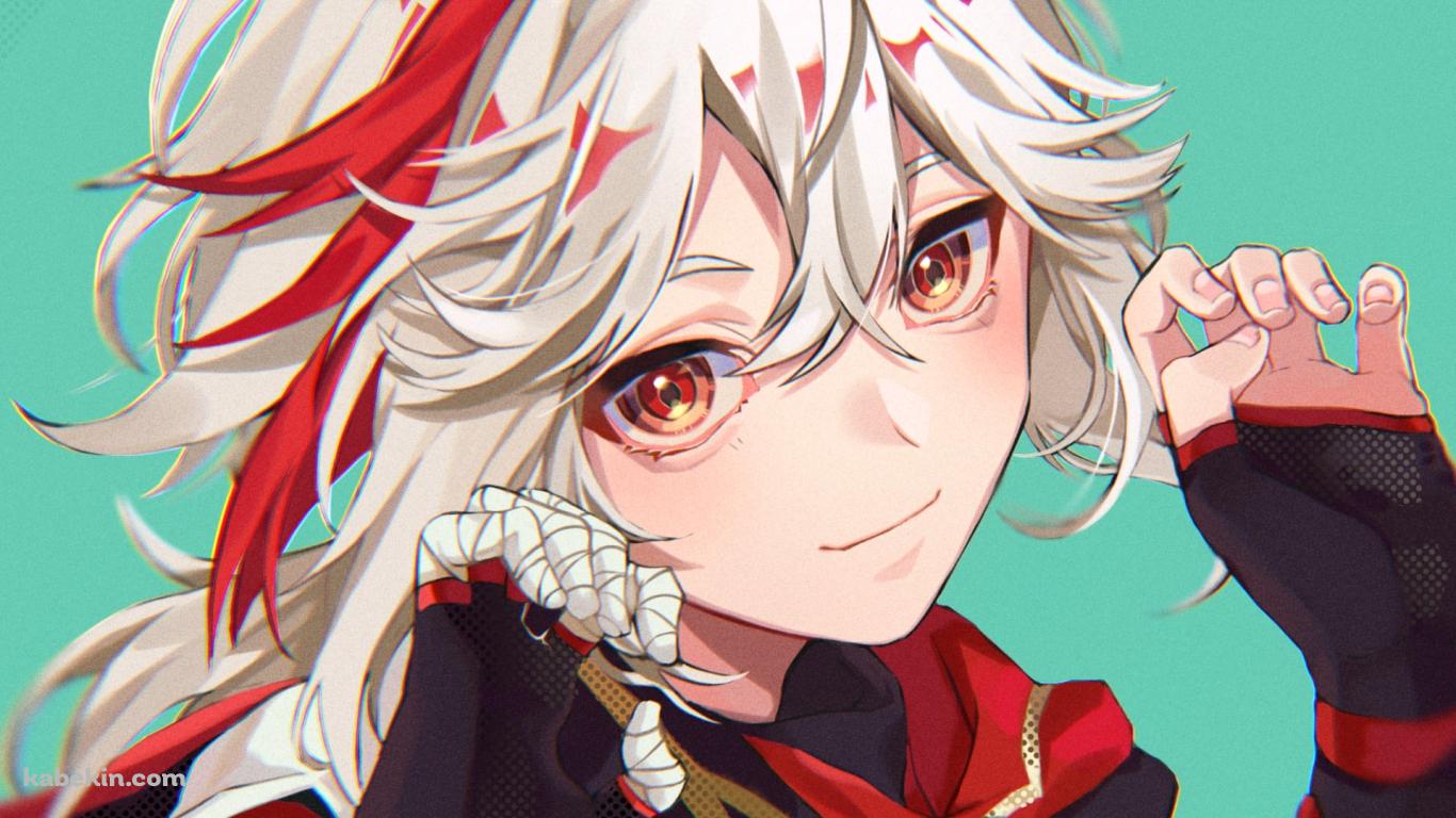 ガオーポーズをして微笑む楓原万葉 / 赤い瞳 / 原神の壁紙(1366px x 768px) 高画質 PC・デスクトップ用