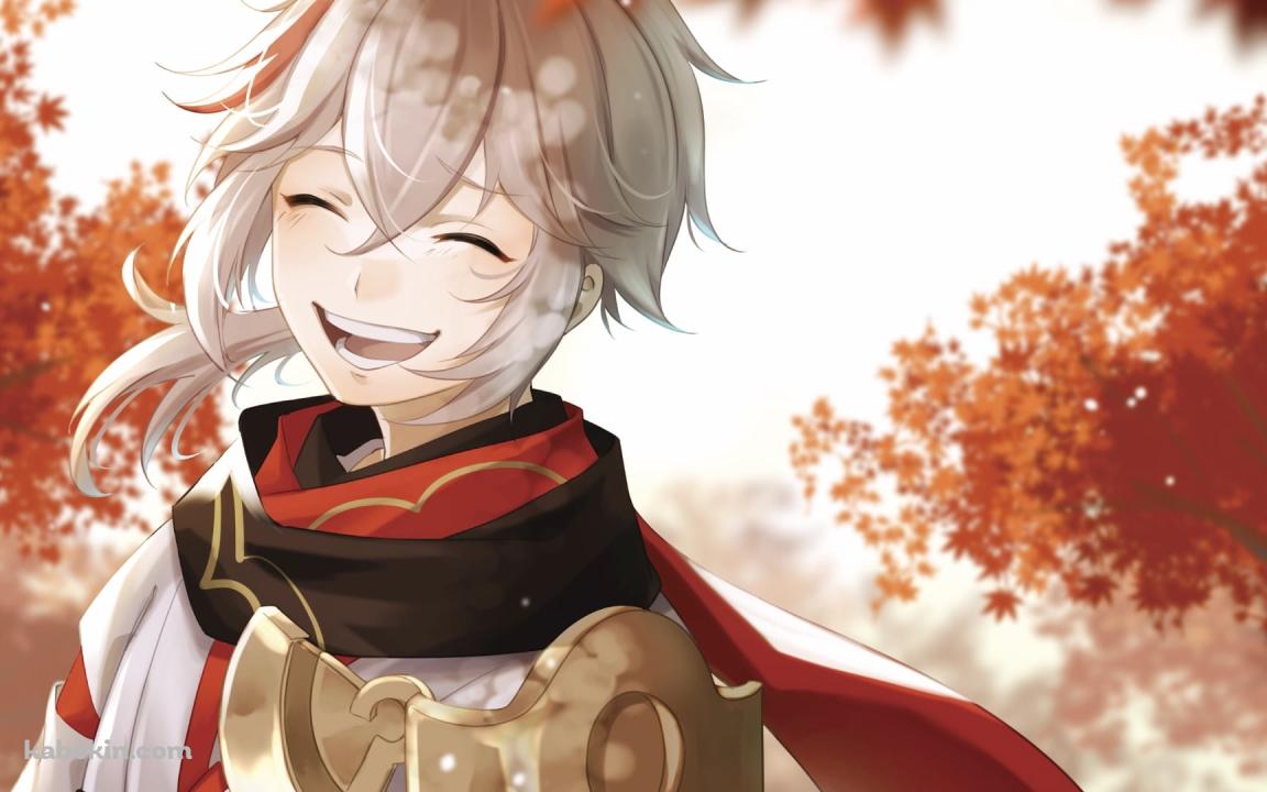 紅葉の中で満面の笑みを浮かべる楓原万葉 / 原神の壁紙(1152px x 720px) 高画質 PC・デスクトップ用