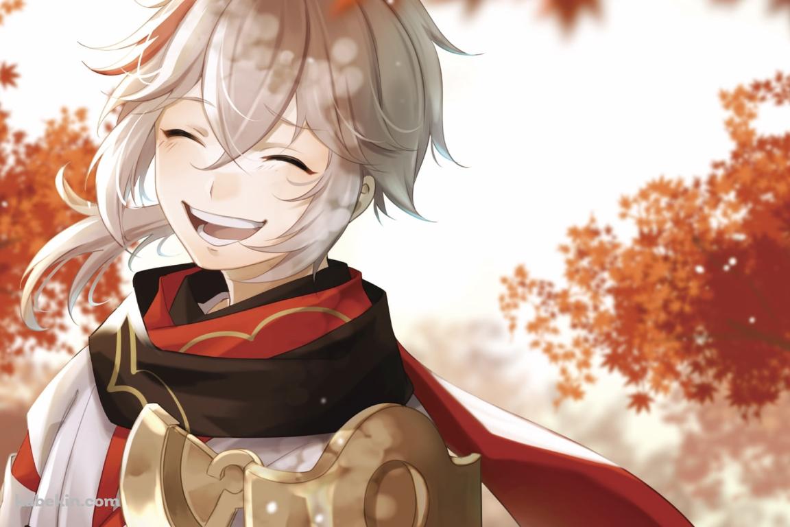 紅葉の中で満面の笑みを浮かべる楓原万葉 / 原神の壁紙(1152px x 768px) 高画質 PC・デスクトップ用