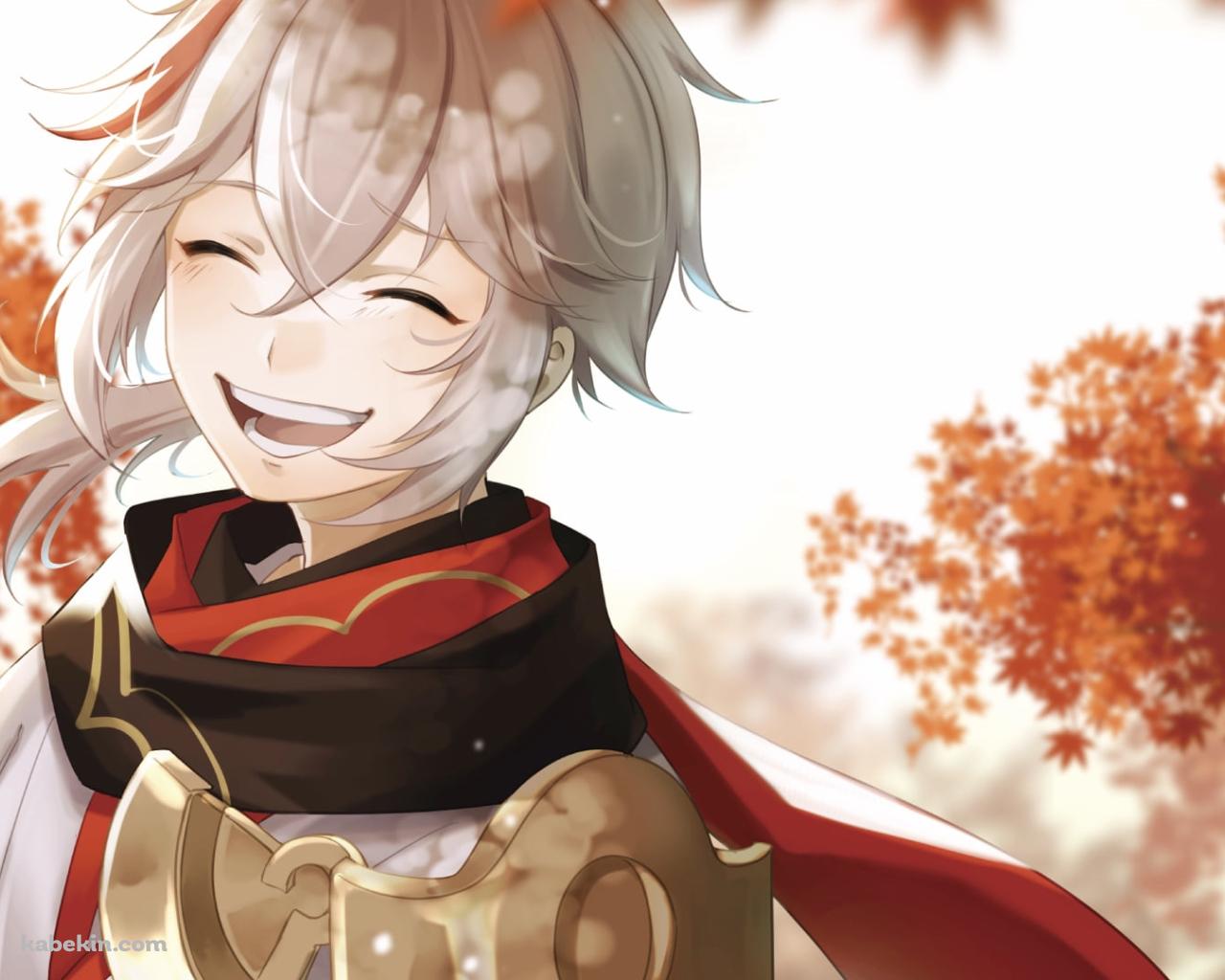 紅葉の中で満面の笑みを浮かべる楓原万葉 / 原神の壁紙(1280px x 1024px) 高画質 PC・デスクトップ用