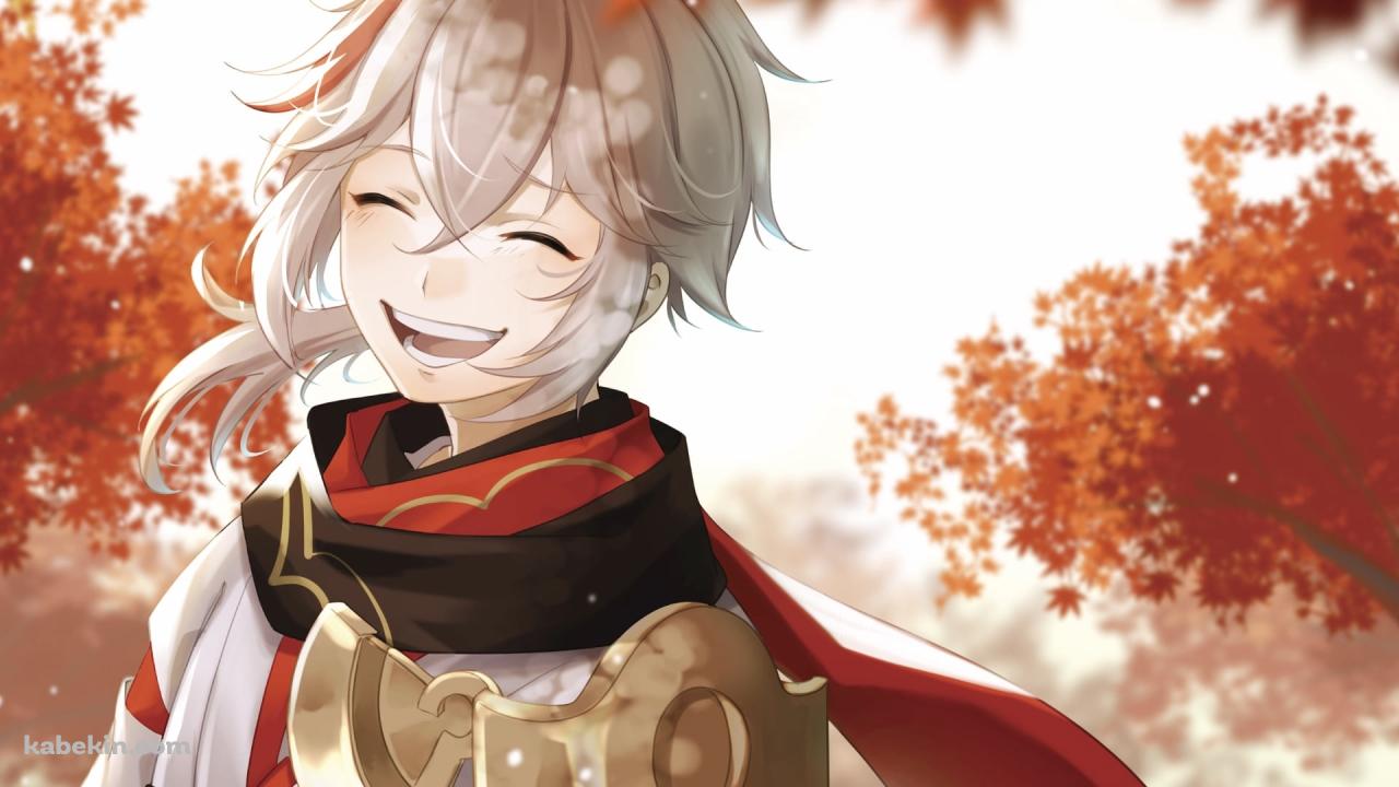 紅葉の中で満面の笑みを浮かべる楓原万葉 / 原神の壁紙(1280px x 720px) 高画質 PC・デスクトップ用