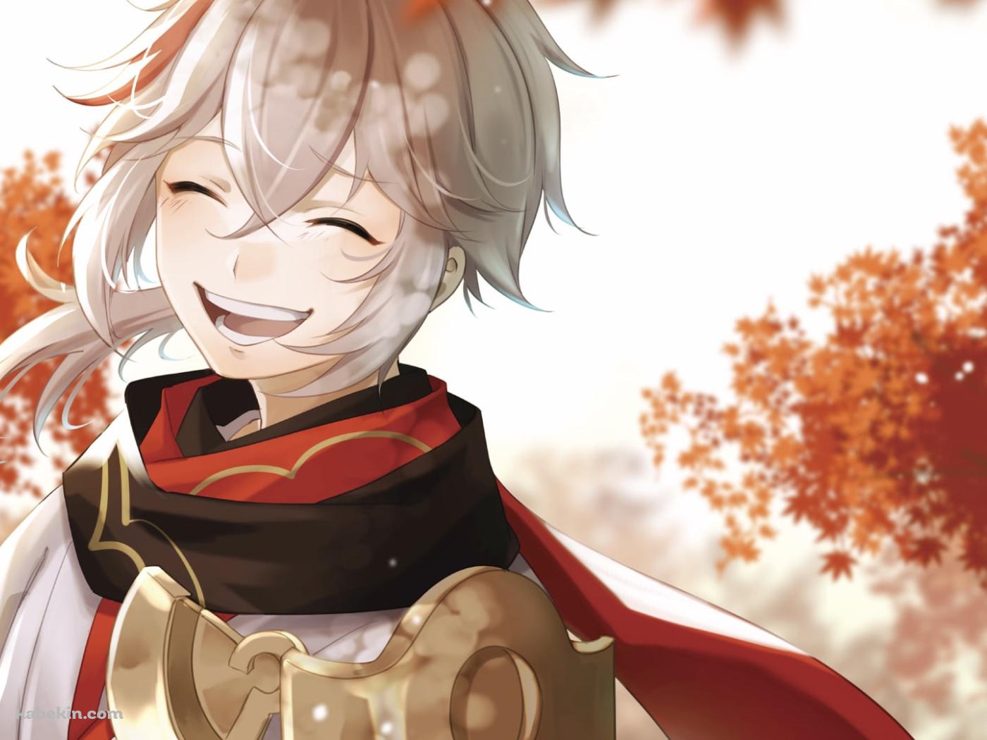 紅葉の中で満面の笑みを浮かべる楓原万葉 / 原神の壁紙(1400px x 1050px) 高画質 PC・デスクトップ用