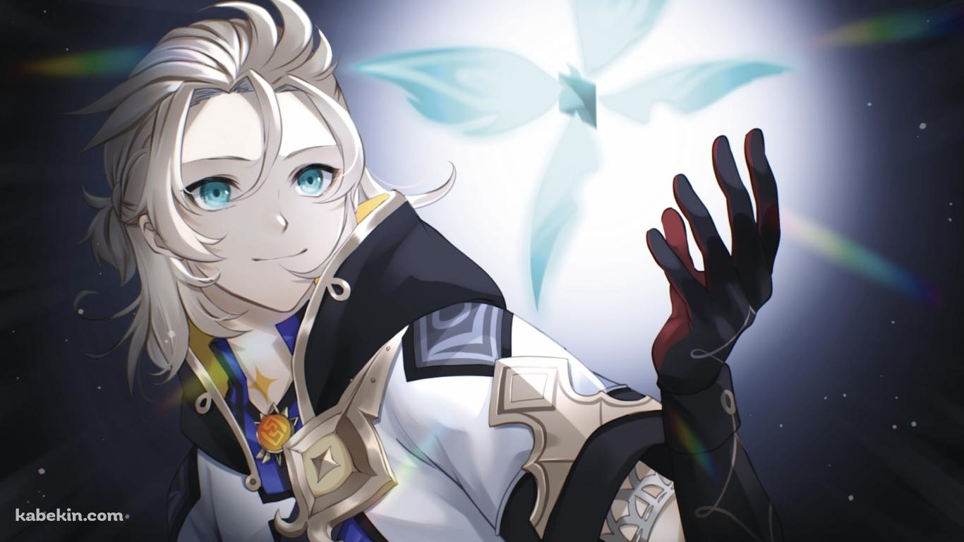 青い晶蝶を見て微笑むアルベド / 原神の壁紙(1366px x 768px) 高画質 PC・デスクトップ用