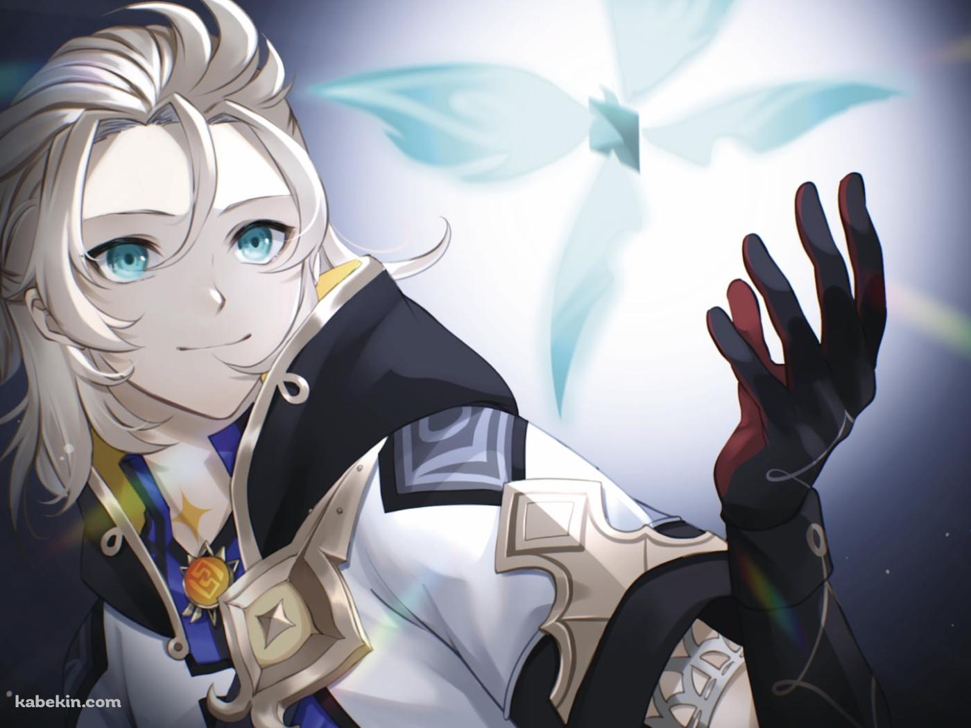 青い晶蝶を見て微笑むアルベド / 原神の壁紙(1400px x 1050px) 高画質 PC・デスクトップ用