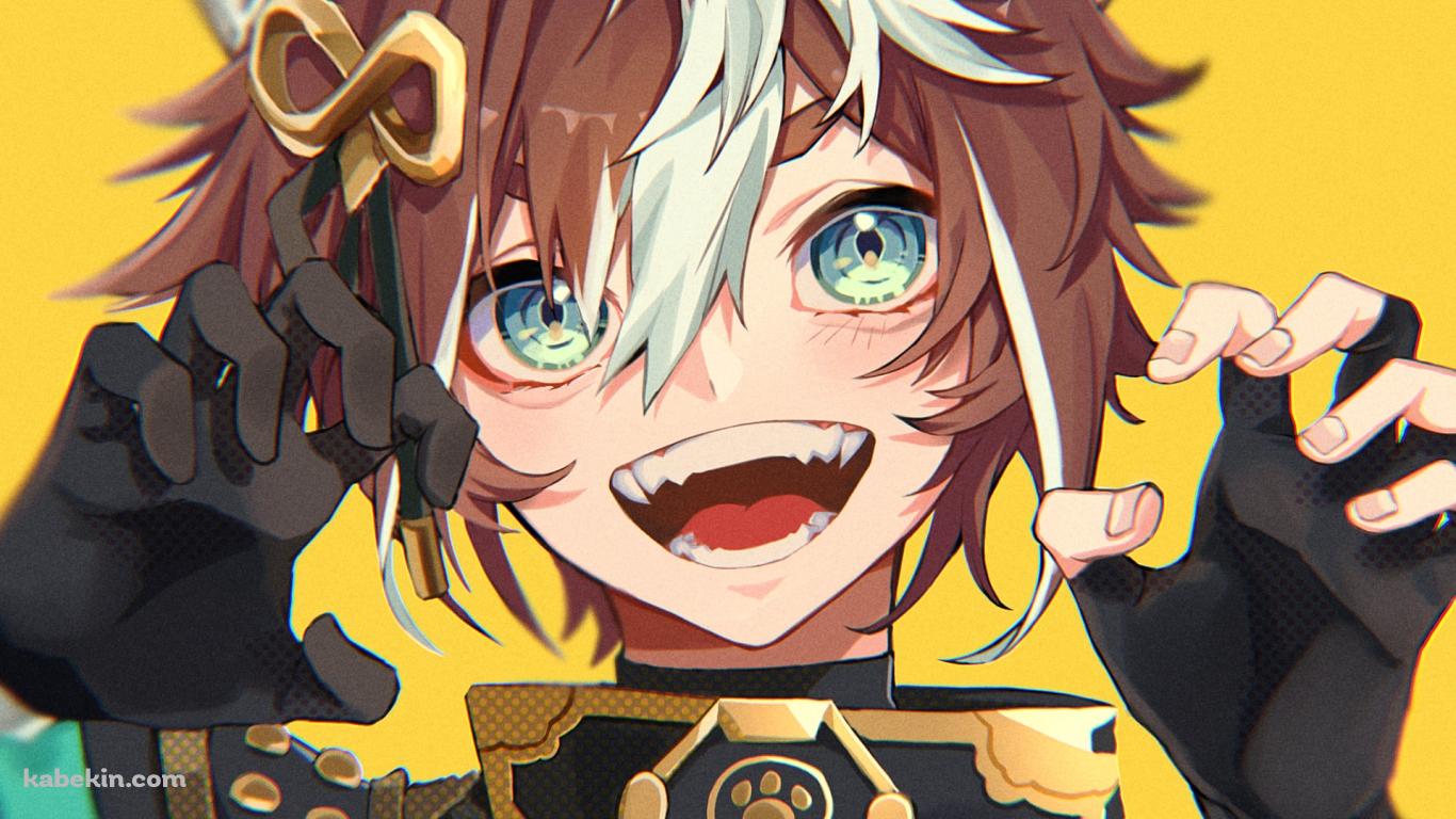 ガオーポーズをして笑うゴロー / 緑の瞳 / 金髪 / 原神の壁紙(1366px x 768px) 高画質 PC・デスクトップ用