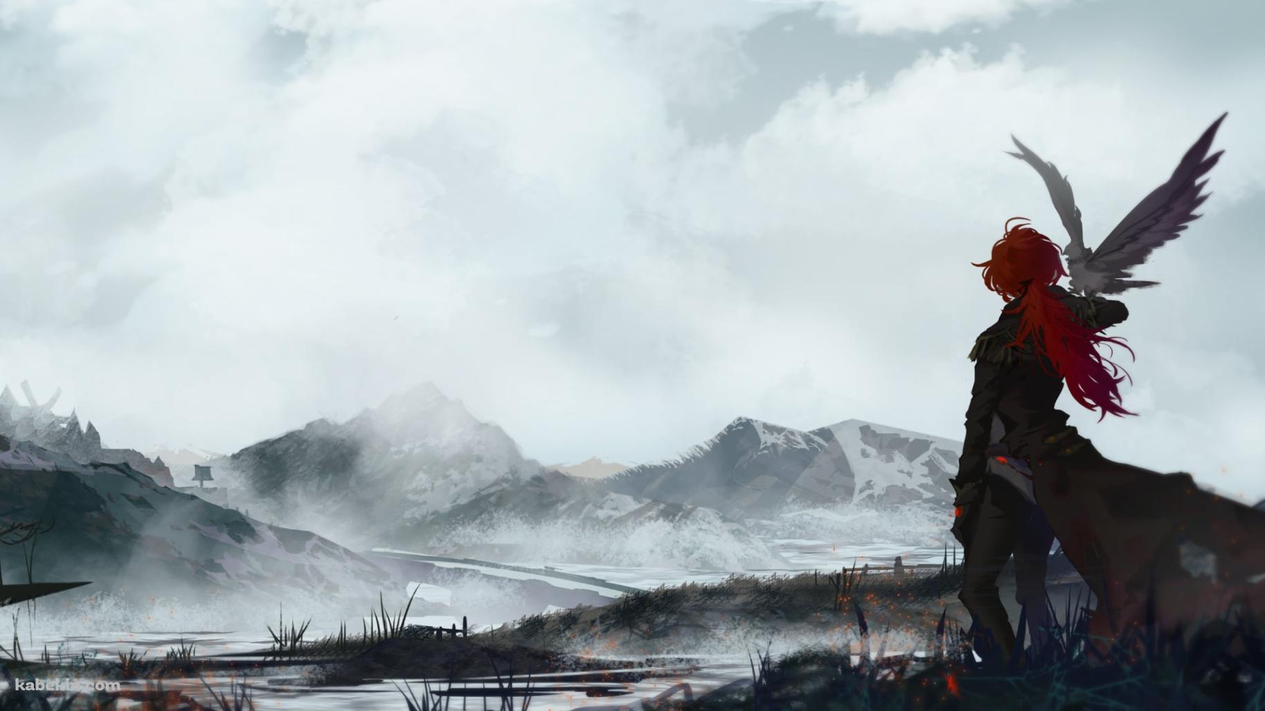 霧に包まれた大地を見つめるディルック・ラグヴィンドの後ろ姿 / 鷹 / かっこいい / 原神の壁紙(1829px x 1029px) 高画質 PC・デスクトップ用