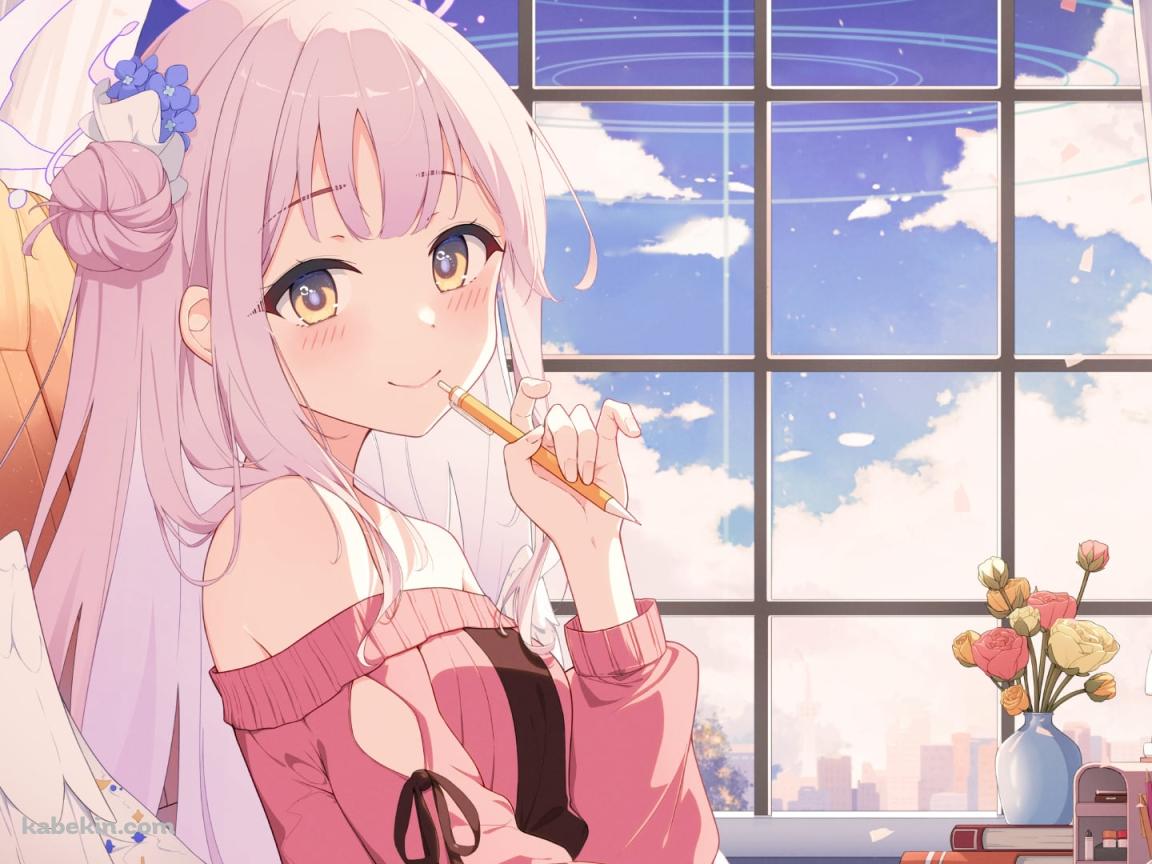 窓辺で物書きをする可愛い聖園ミカ（みその みか） / 花瓶に入った花 / 黄色いシャーペン / ブルアカ / ブルーアーカイブの壁紙(1152px x 864px) 高画質 PC・デスクトップ用