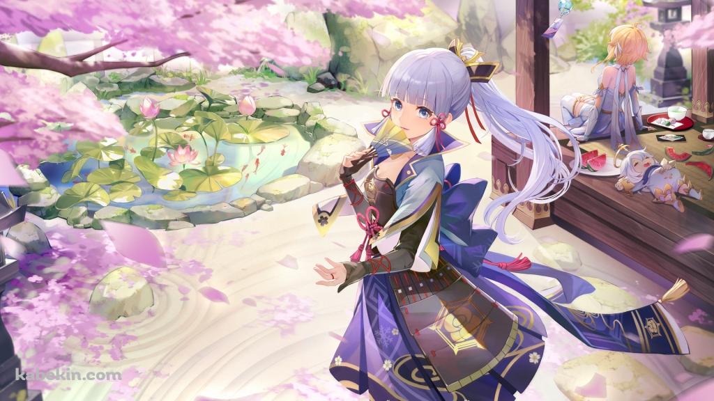 庭の桜の木を見る神里綾華 / 仰向けで寝るパイモン / 縁側に座る蛍 / 原神の壁紙(1024px x 576px) 高画質 PC・デスクトップ用