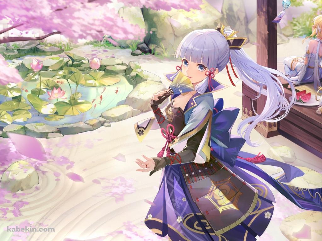 庭の桜の木を見る神里綾華 / 仰向けで寝るパイモン / 縁側に座る蛍 / 原神の壁紙(1024px x 768px) 高画質 PC・デスクトップ用