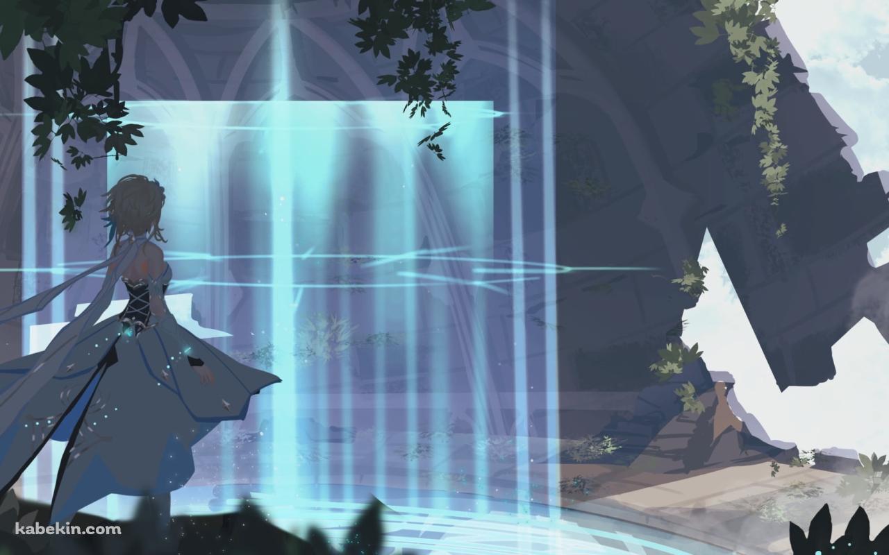 滝が流れ落ちる大地を高台から見つめる蛍 / かっこいい / 原神の壁紙(1280px x 800px) 高画質 PC・デスクトップ用