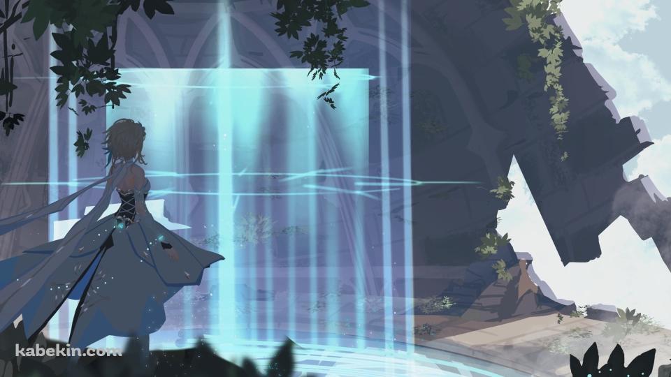 滝が流れ落ちる大地を高台から見つめる蛍 / かっこいい / 原神の壁紙(960px x 540px) 高画質 PC・デスクトップ用