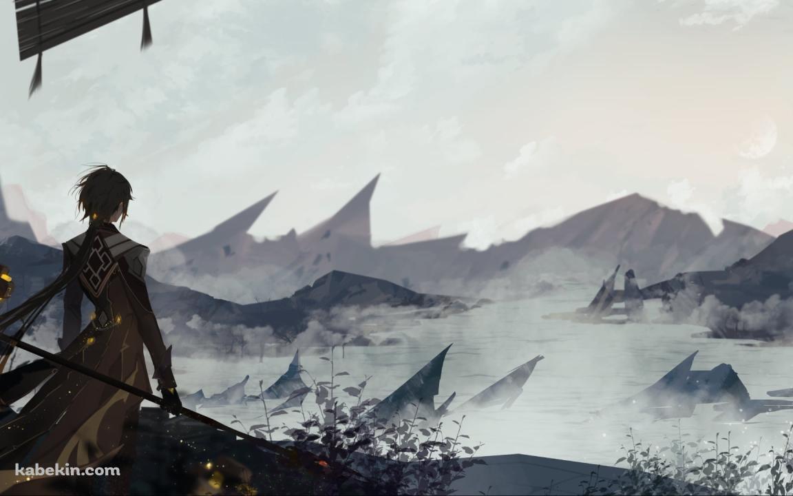 霧に包まれた大地を見つめる鍾離（しょうり） / かっこいい / 原神の壁紙(1152px x 720px) 高画質 PC・デスクトップ用