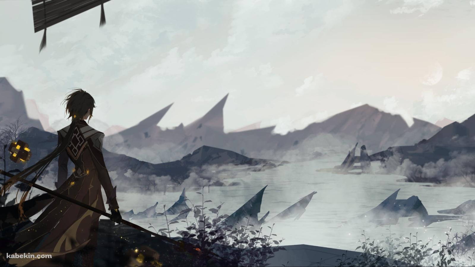 霧に包まれた大地を見つめる鍾離（しょうり） / かっこいい / 原神の壁紙(1600px x 900px) 高画質 PC・デスクトップ用