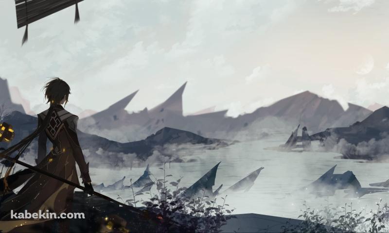 霧に包まれた大地を見つめる鍾離（しょうり） / かっこいい / 原神の壁紙(800px x 480px) 高画質 PC・デスクトップ用
