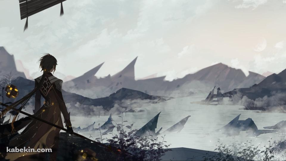 霧に包まれた大地を見つめる鍾離（しょうり） / かっこいい / 原神の壁紙(960px x 540px) 高画質 PC・デスクトップ用