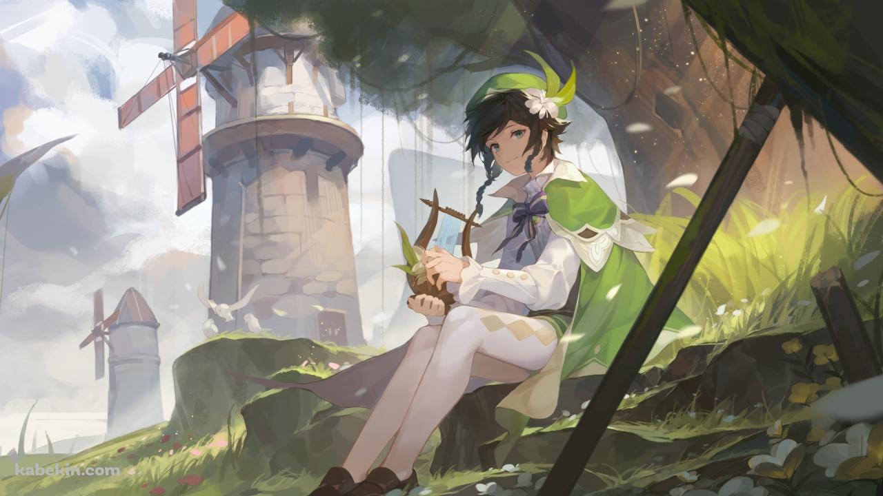 風車が並ぶ大地で竪琴を弾くウェンティ / 原神の壁紙(1280px x 720px) 高画質 PC・デスクトップ用