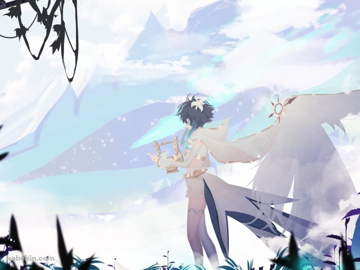 緑の草が生える大地で竪琴を弾くウェンティ / かっこいい / 原神の壁紙(1152px x 864px) 高画質 PC・デスクトップ用