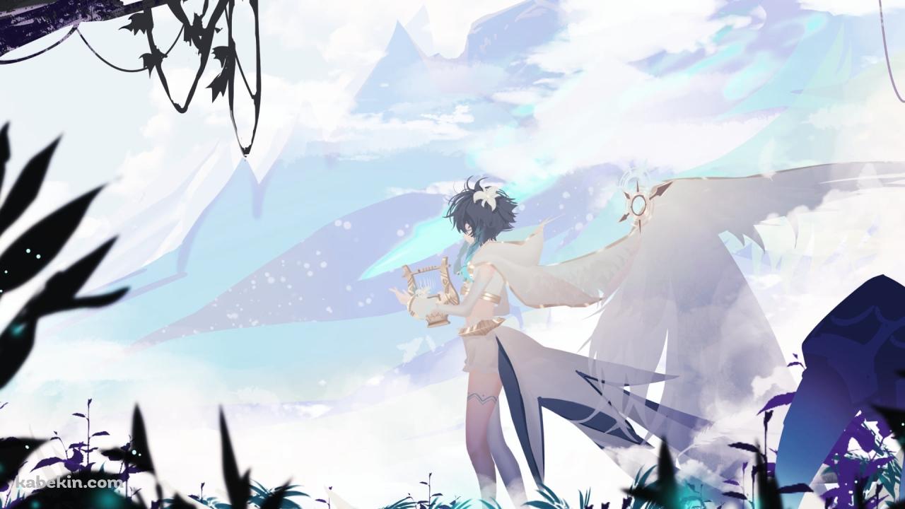 緑の草が生える大地で竪琴を弾くウェンティ / かっこいい / 原神の壁紙(1280px x 720px) 高画質 PC・デスクトップ用