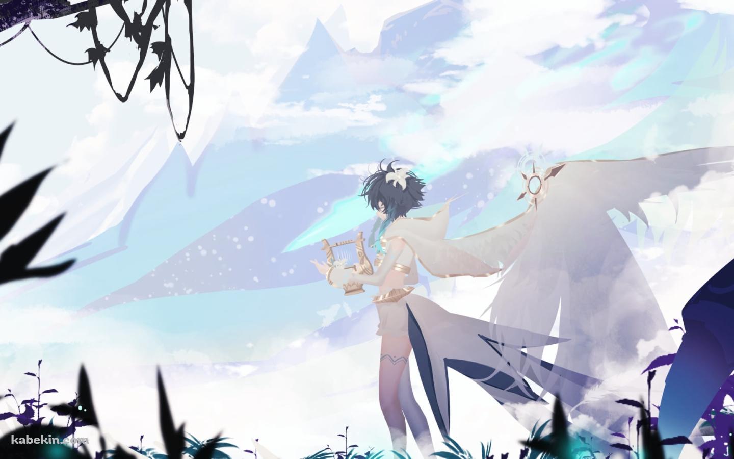 緑の草が生える大地で竪琴を弾くウェンティ / かっこいい / 原神の壁紙(1440px x 900px) 高画質 PC・デスクトップ用