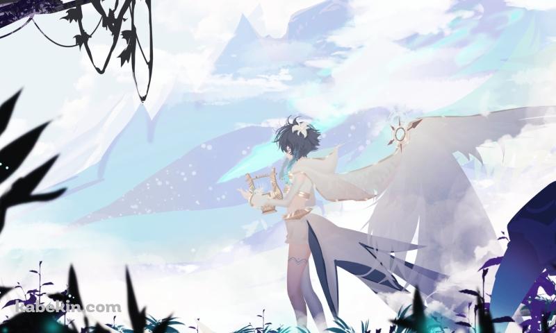 緑の草が生える大地で竪琴を弾くウェンティ / かっこいい / 原神の壁紙(800px x 480px) 高画質 PC・デスクトップ用