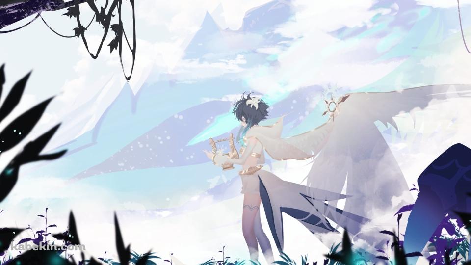 緑の草が生える大地で竪琴を弾くウェンティ / かっこいい / 原神の壁紙(960px x 540px) 高画質 PC・デスクトップ用