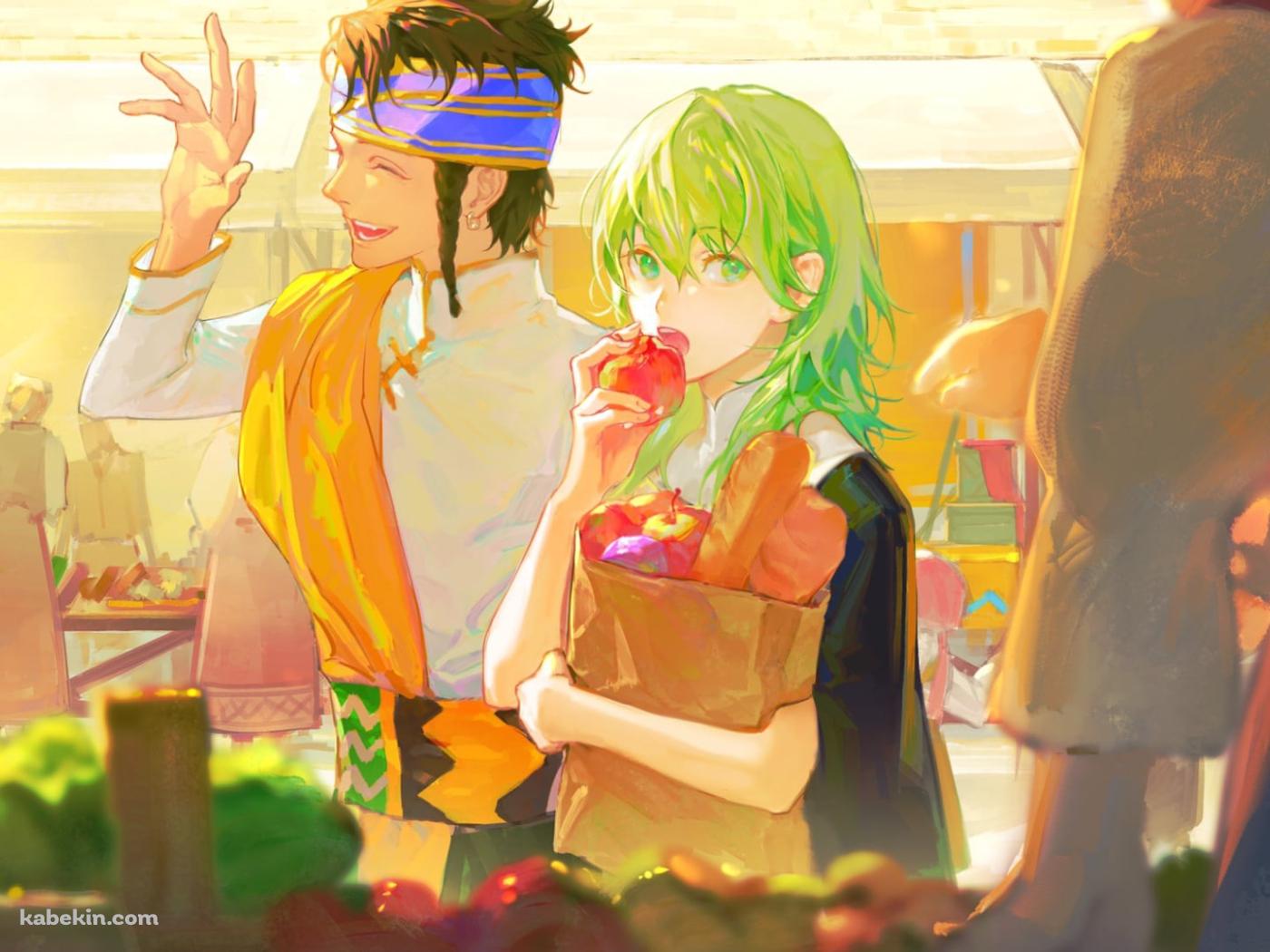 市場で挨拶をするクロード・フォン・リーガンとリンゴを食べるベレス / ファイアーエムブレム風花雪月の壁紙(1400px x 1050px) 高画質 PC・デスクトップ用