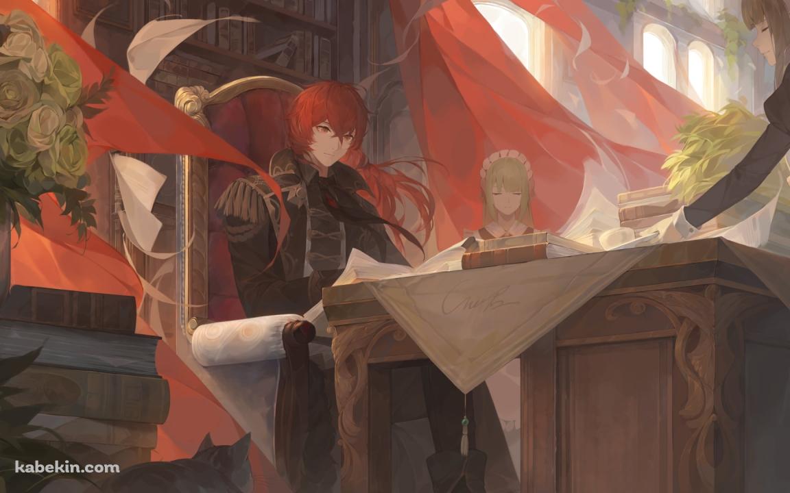 座って本を読むディルック・ラグヴィンド / メイド / 原神の壁紙(1152px x 720px) 高画質 PC・デスクトップ用