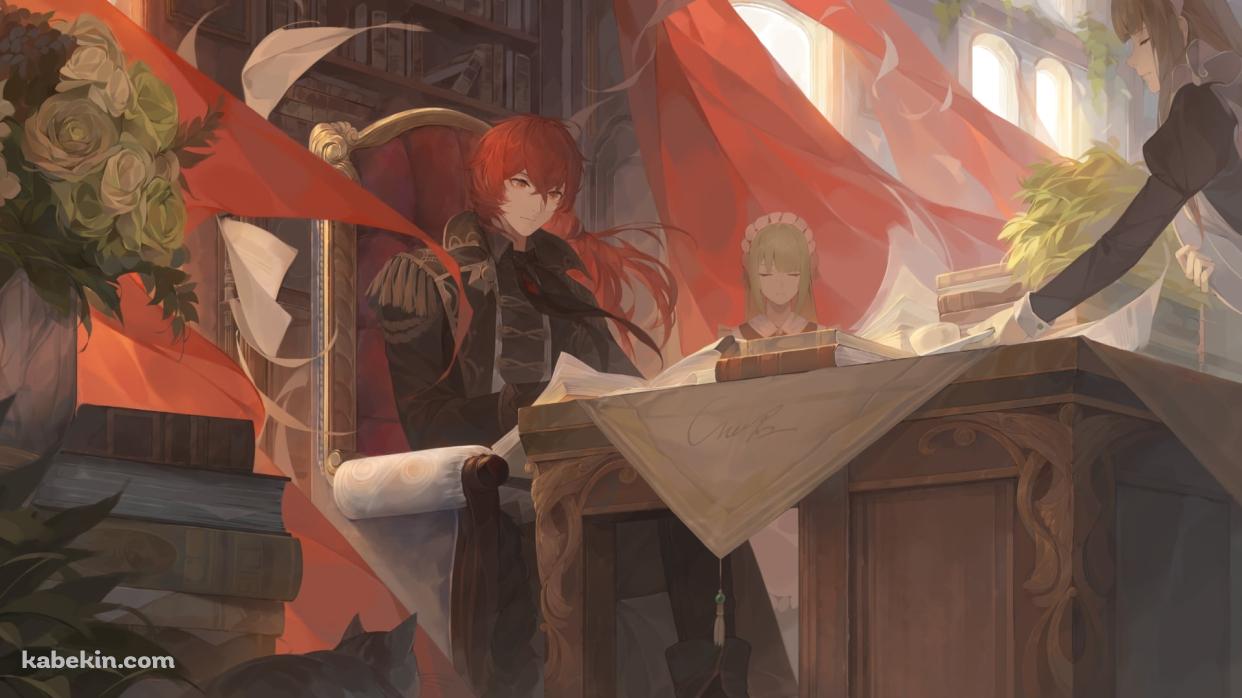 座って本を読むディルック・ラグヴィンド / メイド / 原神の壁紙(1242px x 698px) 高画質 PC・デスクトップ用