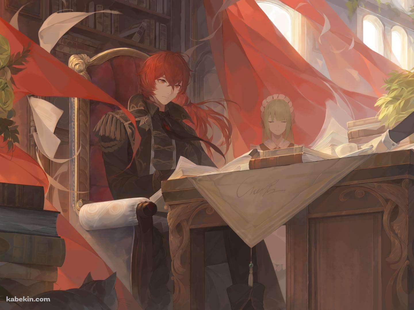 座って本を読むディルック・ラグヴィンド / メイド / 原神の壁紙(1440px x 1080px) 高画質 PC・デスクトップ用