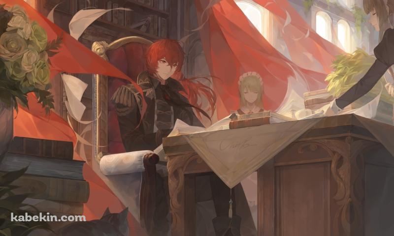 座って本を読むディルック・ラグヴィンド / メイド / 原神の壁紙(800px x 480px) 高画質 PC・デスクトップ用