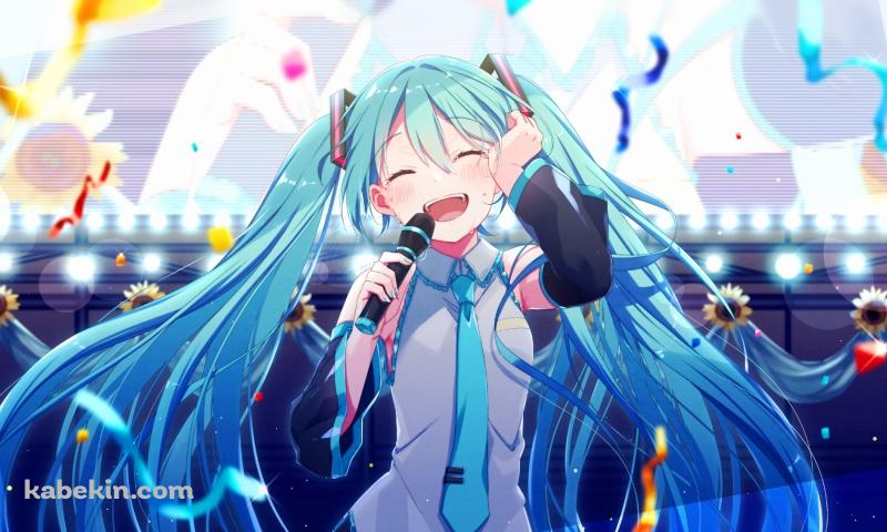紙吹雪舞うステージ上でめちゃくちゃ楽しそうに歌を唄う可愛い初音ミク / ボカロ / ボーカロイドの壁紙(800px x 480px) 高画質 PC・デスクトップ用