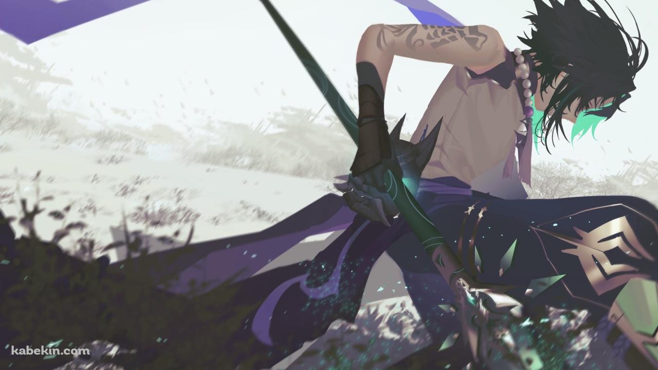 白い花が咲く大地で立て膝をつく魈（しょう） / かっこいい / 原神の壁紙(1280px x 720px) 高画質 PC・デスクトップ用