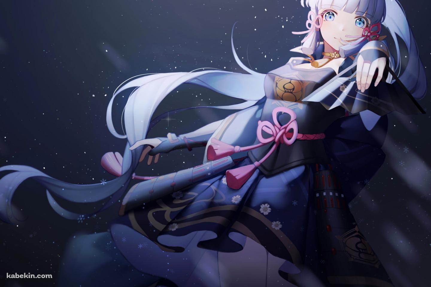 黒い扇子を持つ目を見開いた神里綾華 / 原神の壁紙(1440px x 960px) 高画質 PC・デスクトップ用